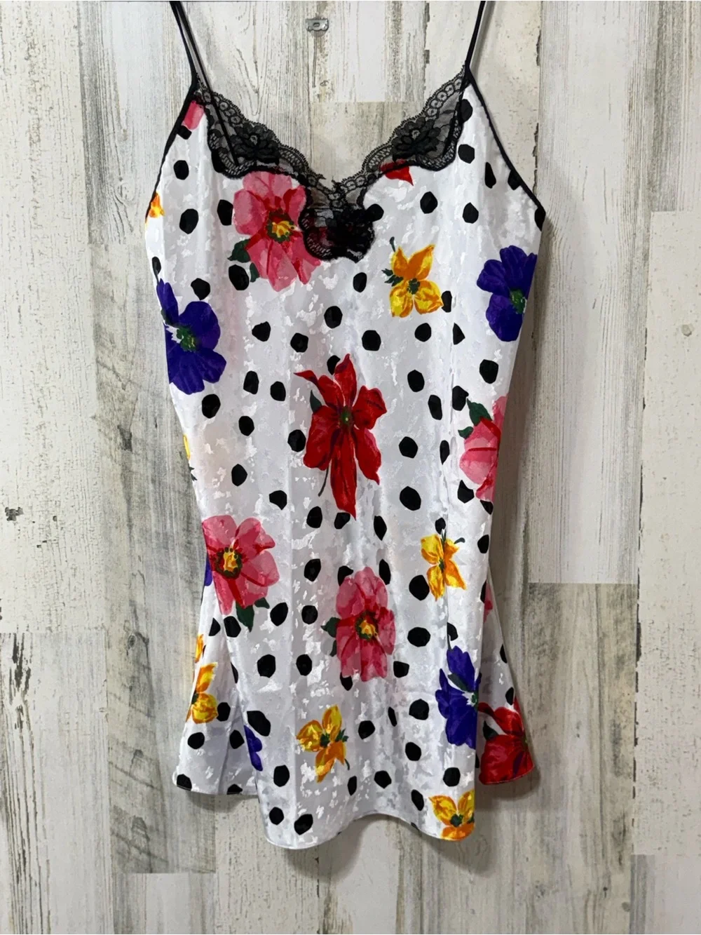 Floral Polka Dot Satin Chemise & Robe Set - White with Multicolor Flowers